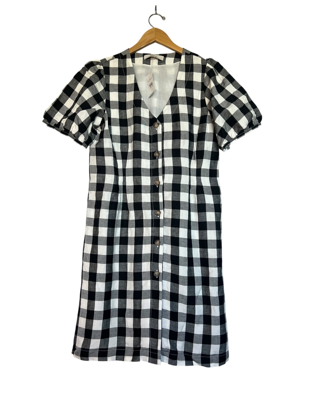 LOFT NWT Size 8 Gingham Black/White Plaid V-neck Button Front Linen Blend Dress